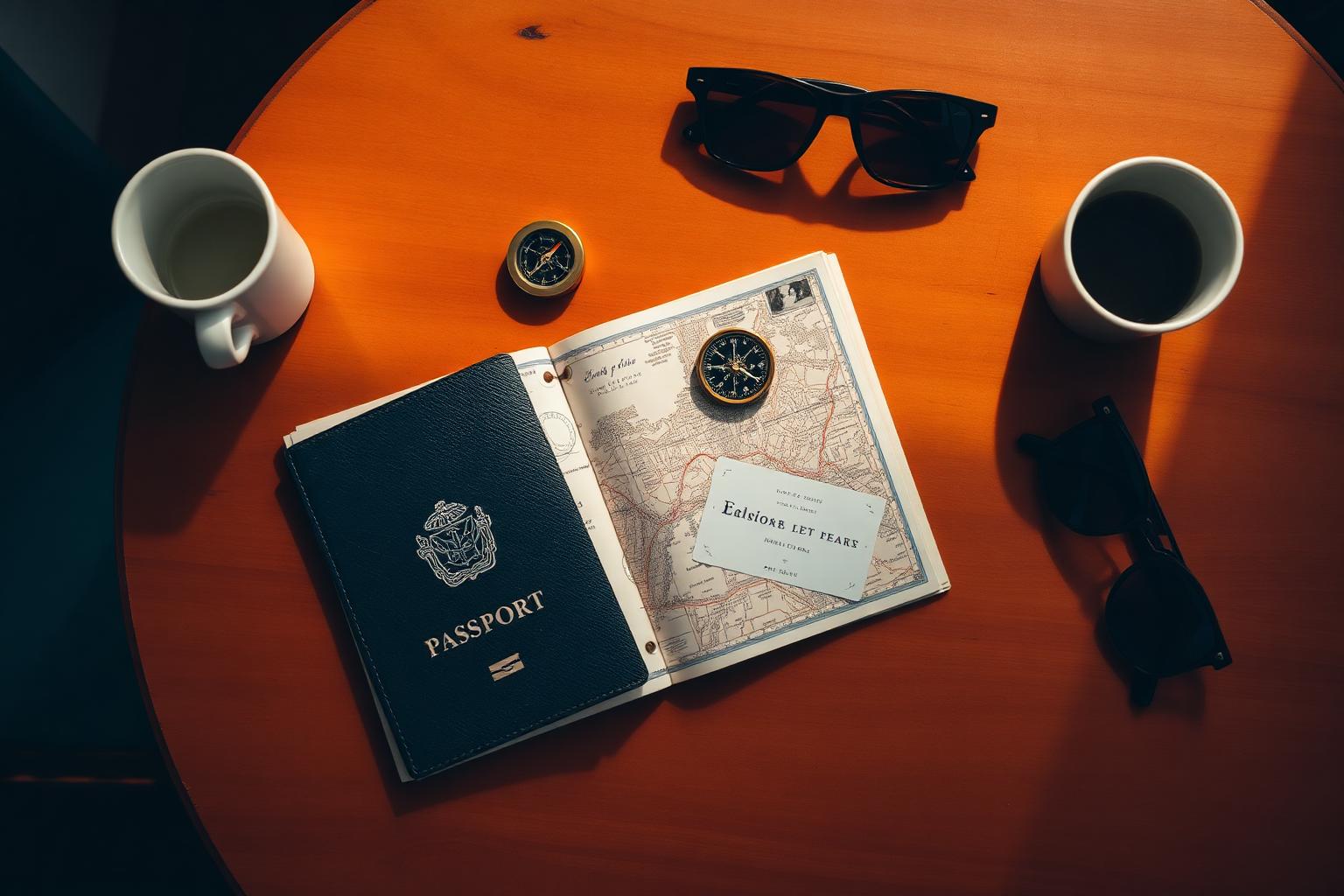 Passport, map and compass on a wooden table